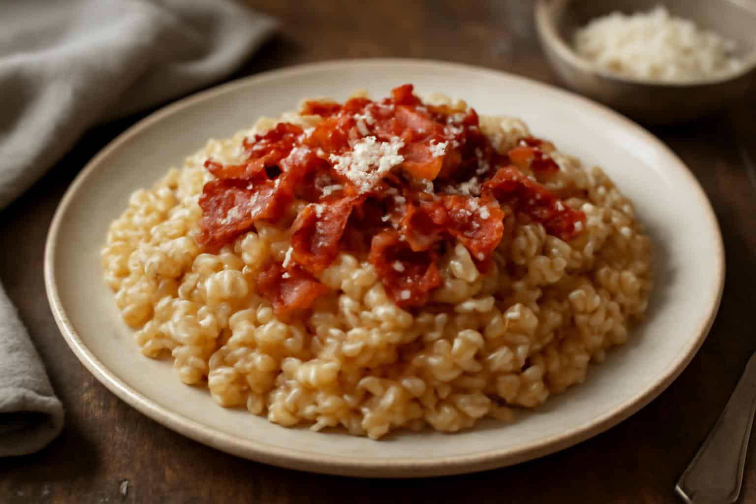 Creamy caramelized onion risotto topped with crispy bacon and parmesan cheese on a rustic plate