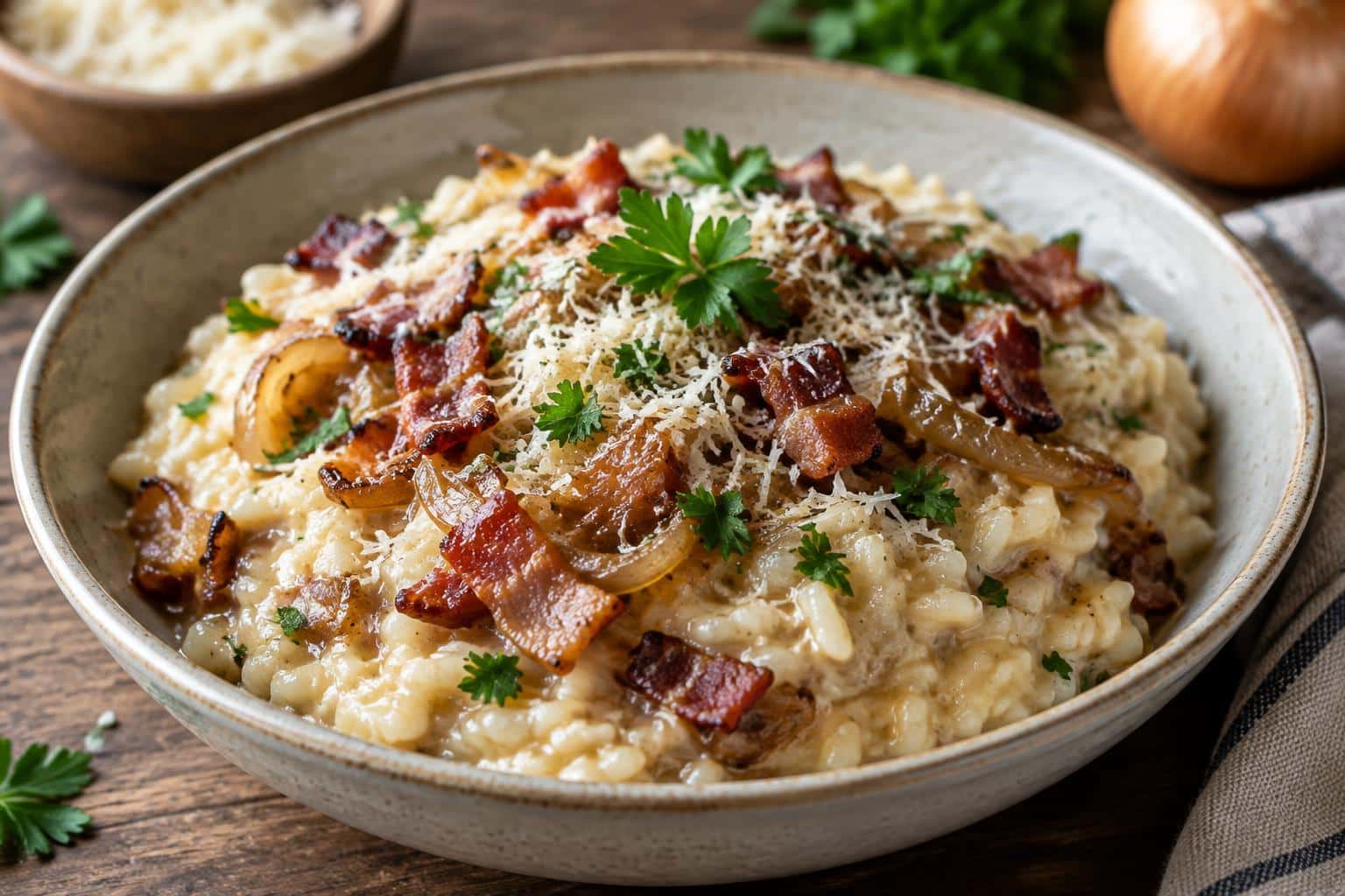 Creamy bacon parmesan risotto with caramelized onions and fresh parsley garnish