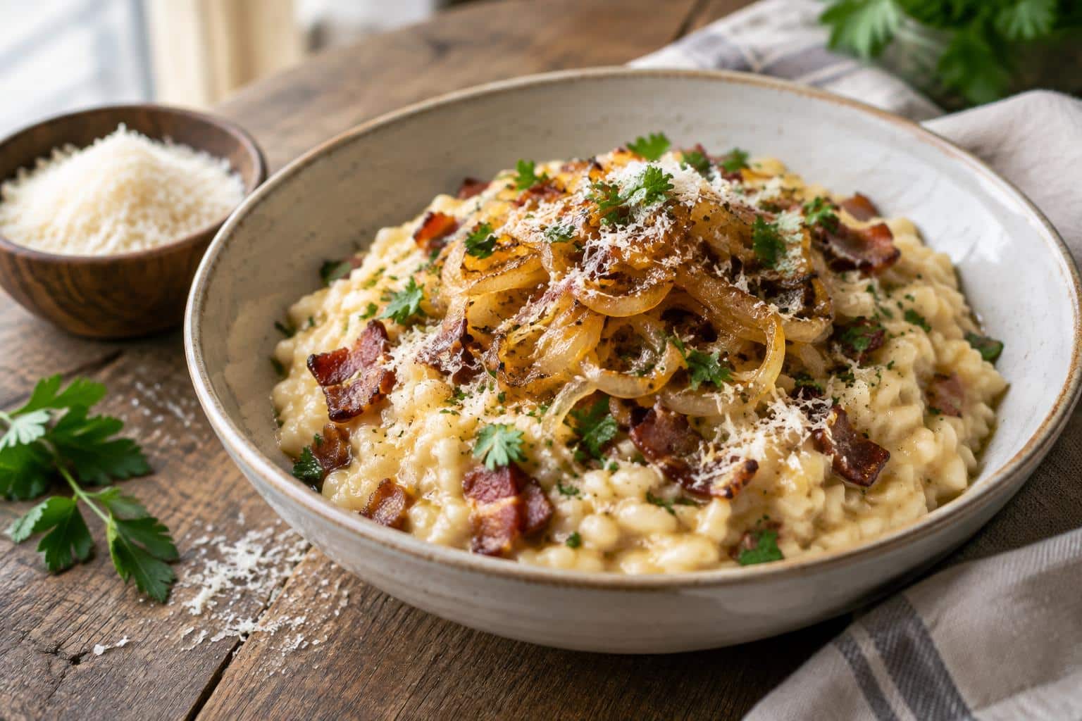 Creamy bacon parmesan risotto topped with caramelized onions and parsley, showcasing bacon parmesan risotto