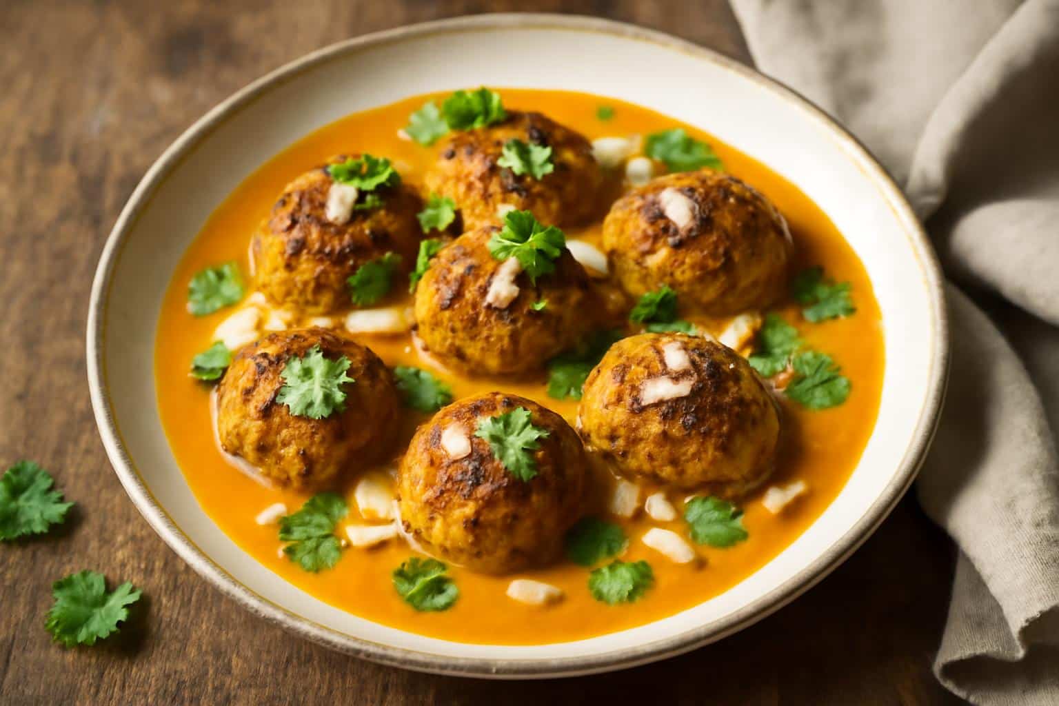 Carrot coconut curry meatballs garnished with cilantro and toasted coconut flakes