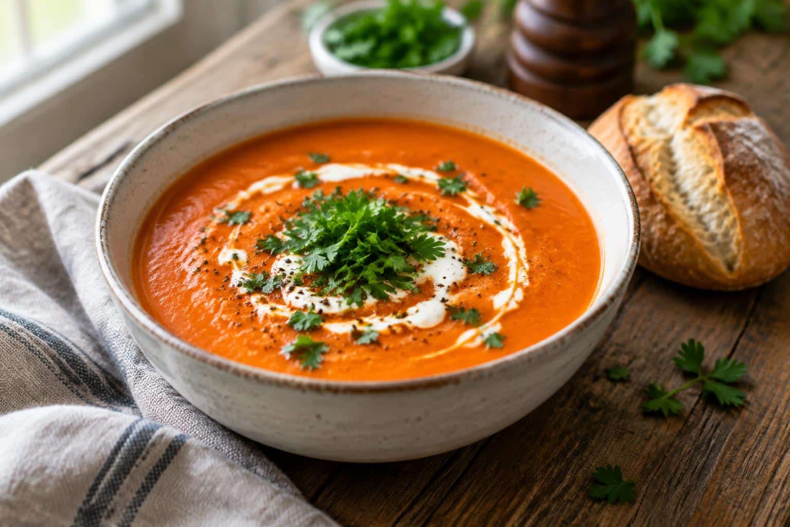 Bowl of carrot tomato soup garnished with parsley and cream swirl in natural light