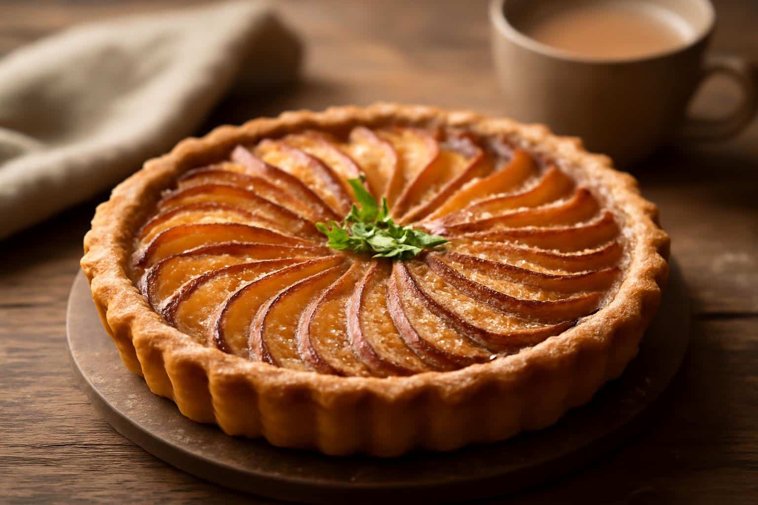 Delicious chai-spiced pear tart with caramelized pears and powdered sugar on rustic table