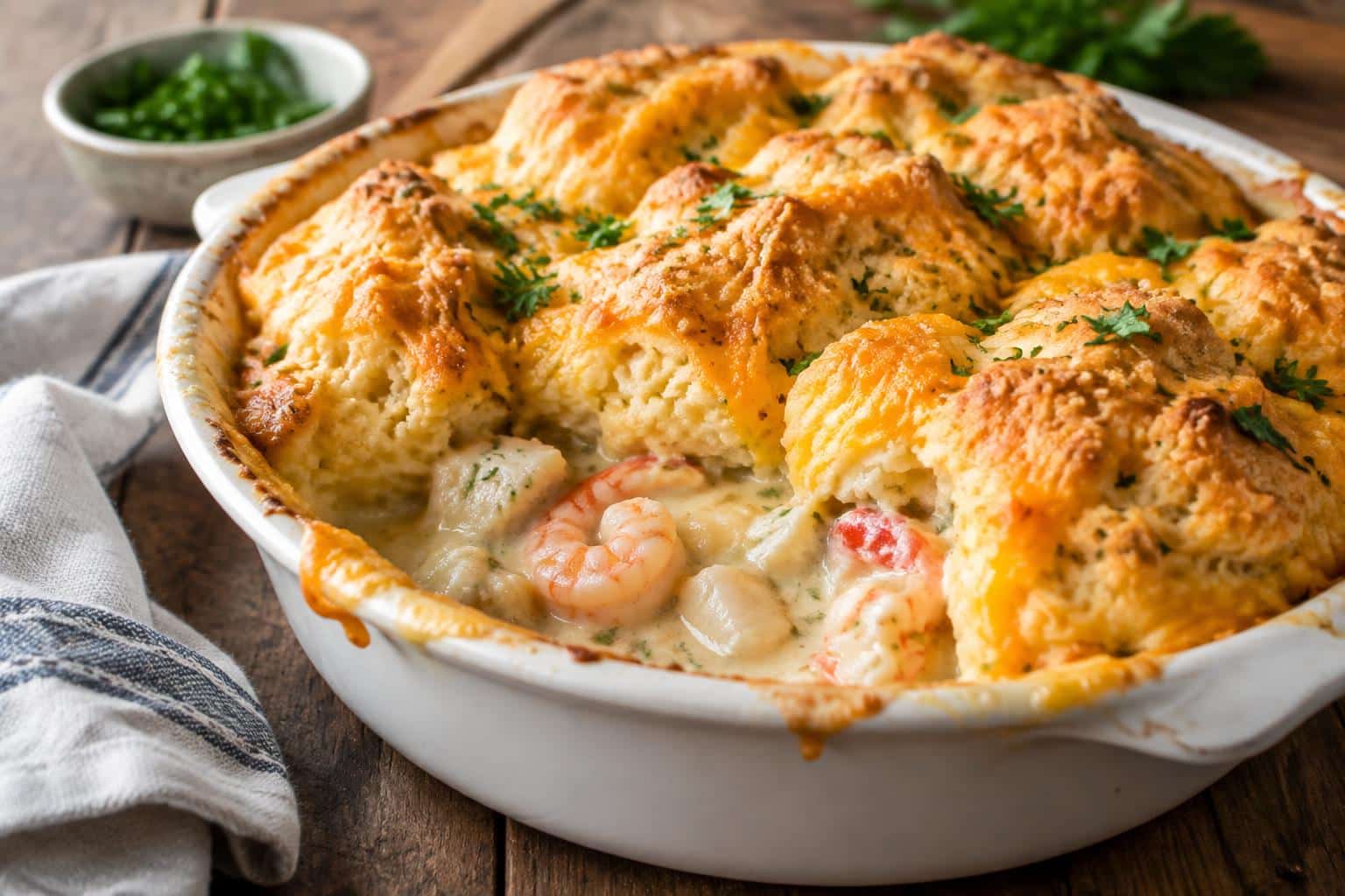 Cheddar bay biscuit seafood pot pie with golden biscuit topping and creamy seafood filling