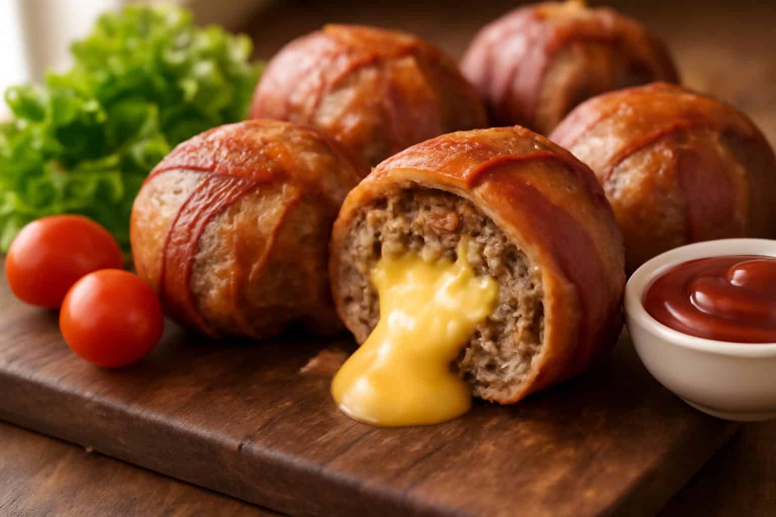 Close-up of cheeseburger bacon bombs with melted cheese and crispy bacon showing inside