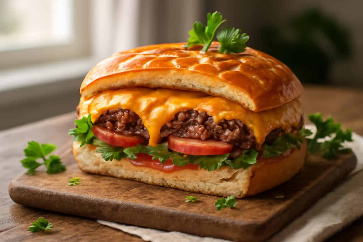 Sliced cheeseburger-torte showing layers of cheese, beef, and fresh vegetables in cheeseburger-torte