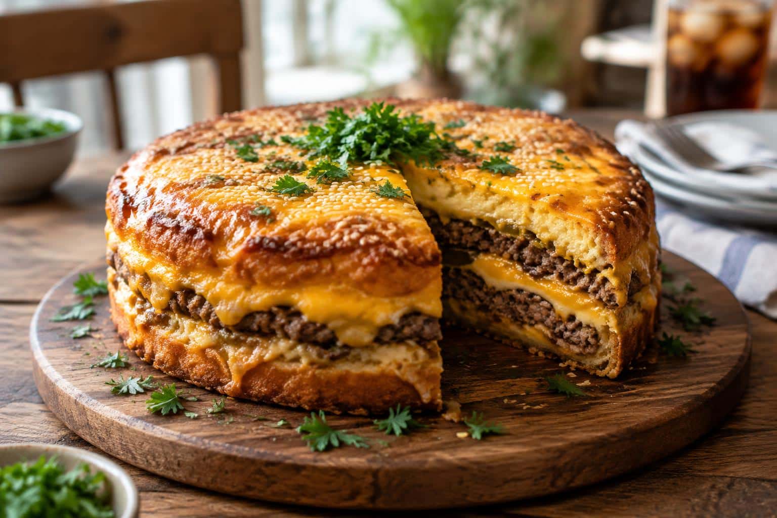Close-up of a cheeseburger-torte with melted cheese and fresh parsley garnish on a wooden table