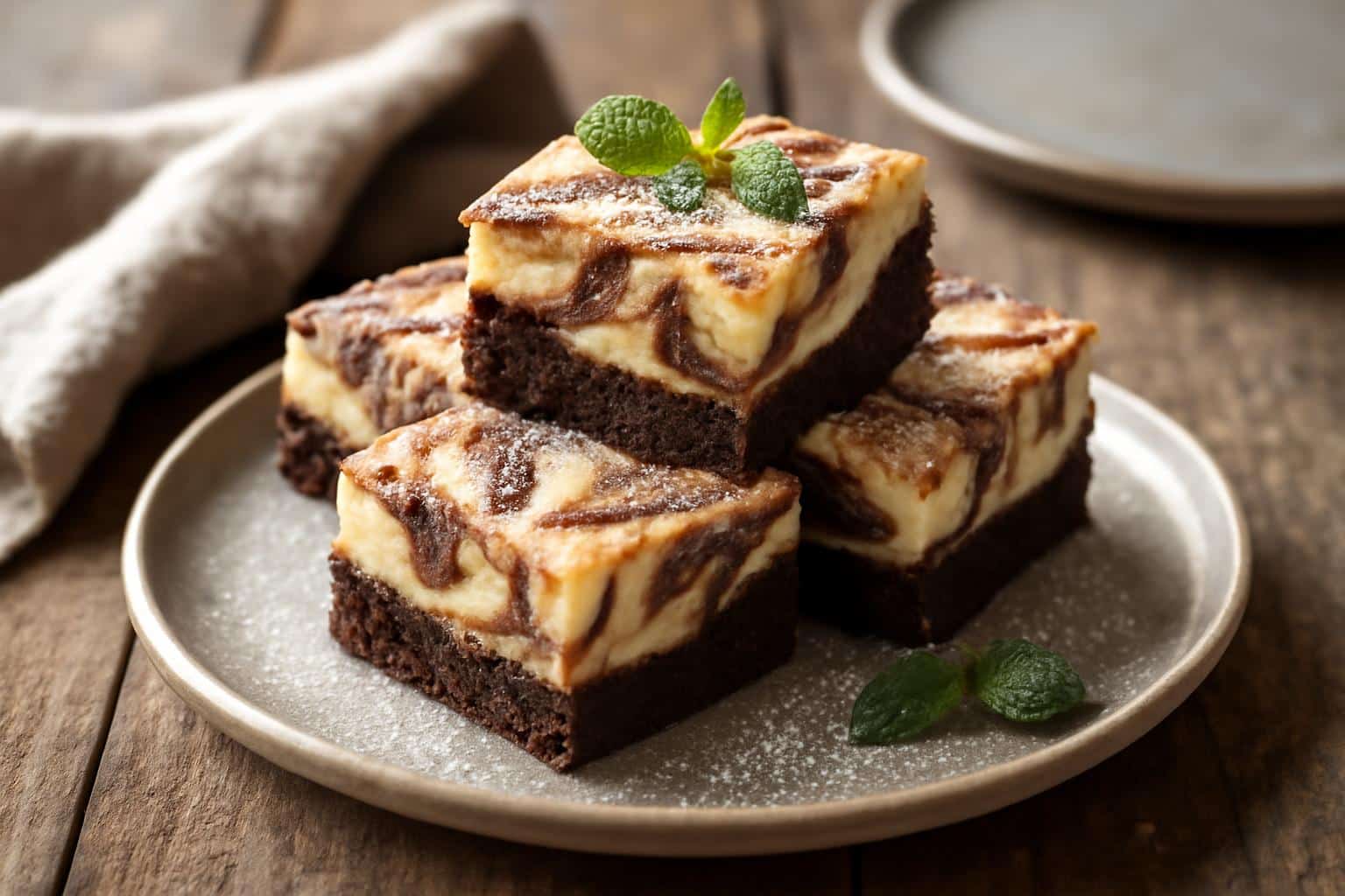 Close-up of cheesecake brownies with marbled chocolate and cream swirl on rustic wooden table