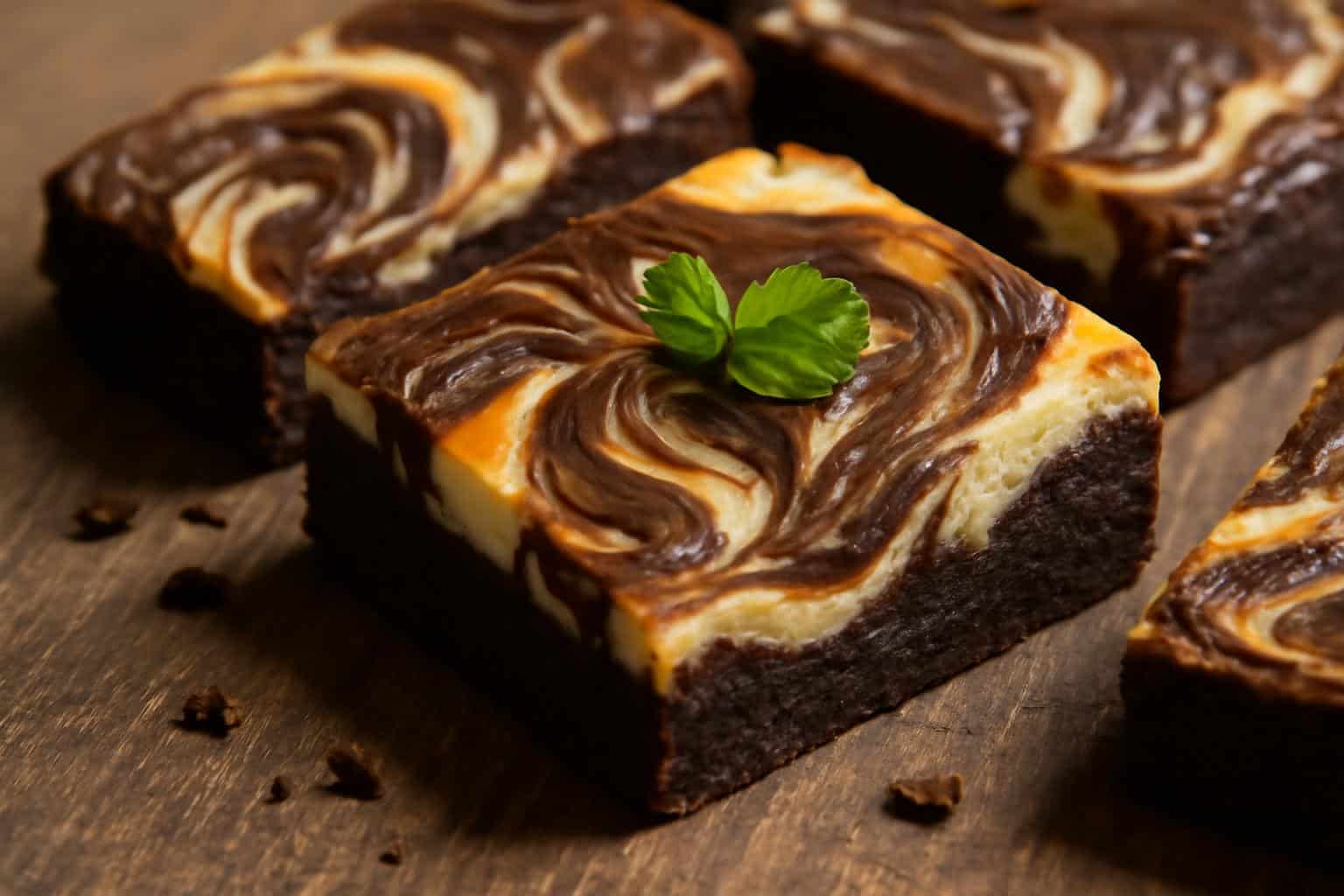 Close-up of rich cheesecake brownies with creamy swirls and fudgy chocolate texture