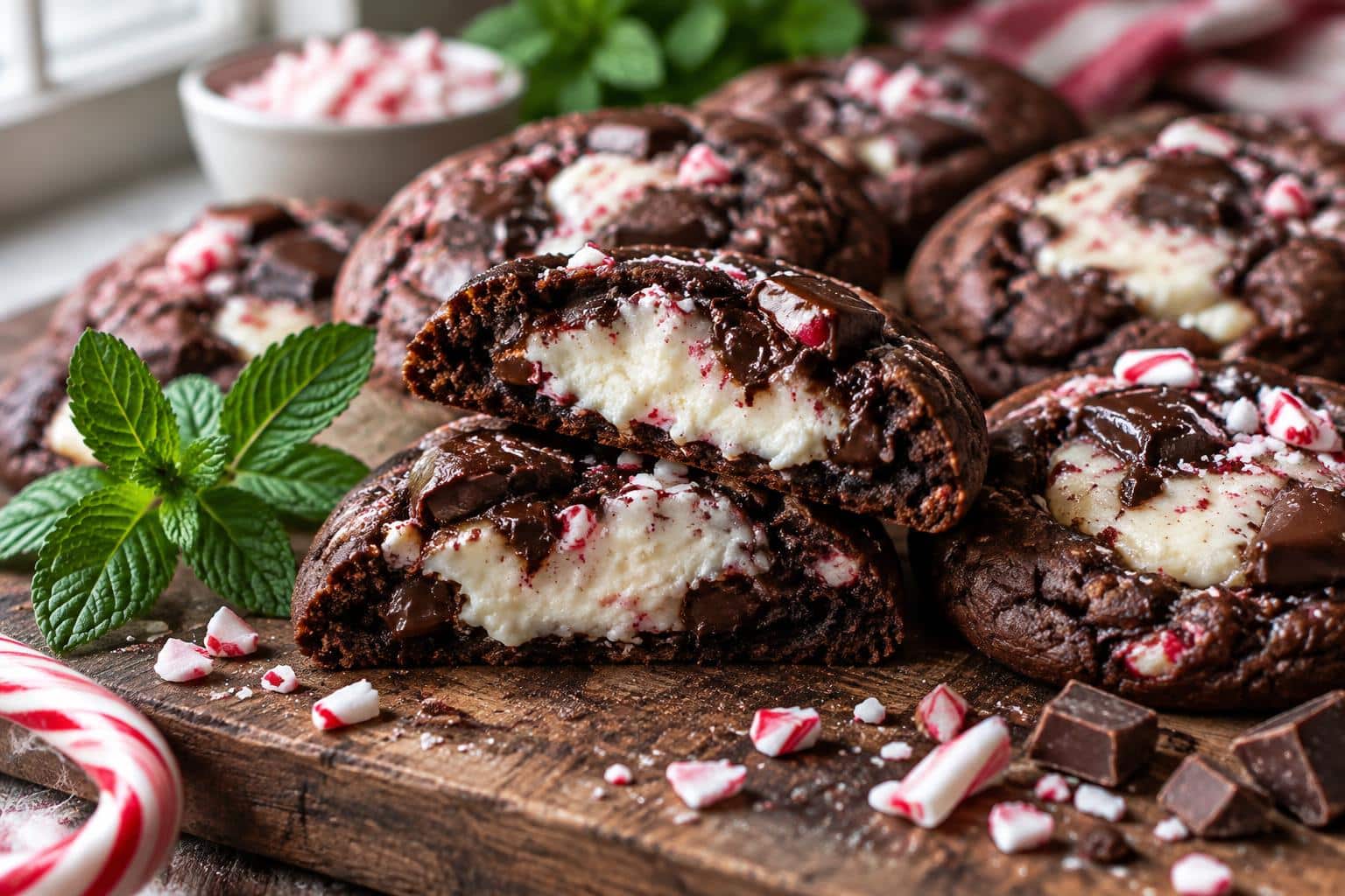 Cheesecake stuffed peppermint chocolate cookies with creamy filling and chocolate chunks, peppermint garnish