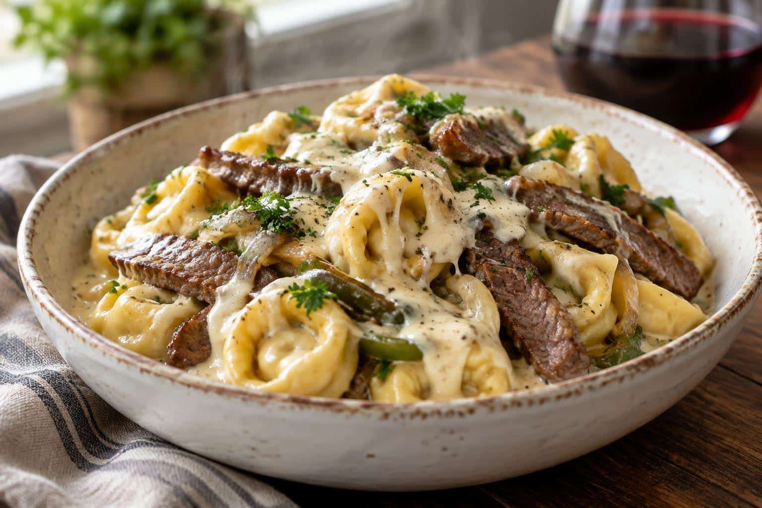 Cheesesteak tortellini in rich provolone sauce garnished with parsley and steak strips