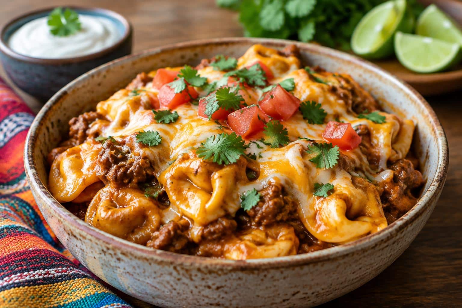 Cheesy beef enchilada tortellini served in a bowl garnished with fresh cilantro and diced tomatoes