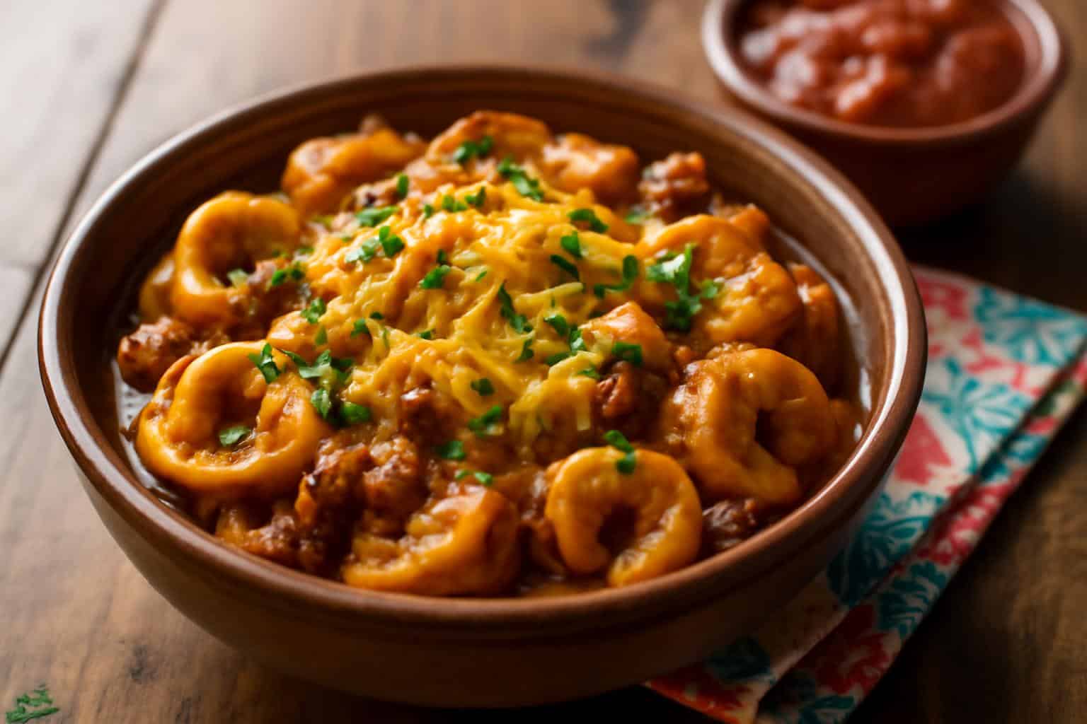 Cheesy beef tortellini with enchilada sauce garnished with cilantro and melted cheddar cheese