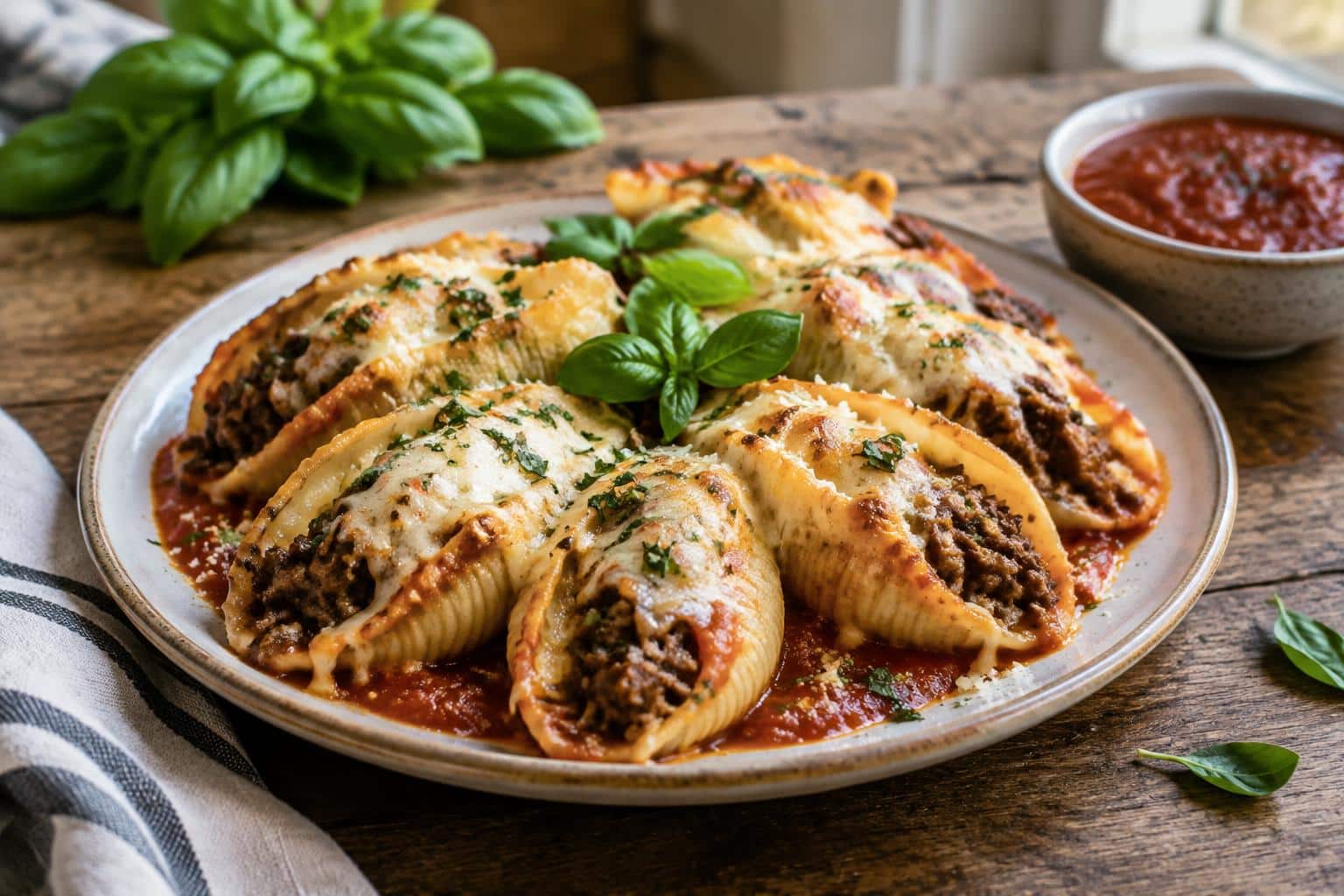 Plate of cheesy, beefy stuffed pasta shells with melted cheese and fresh basil garnish