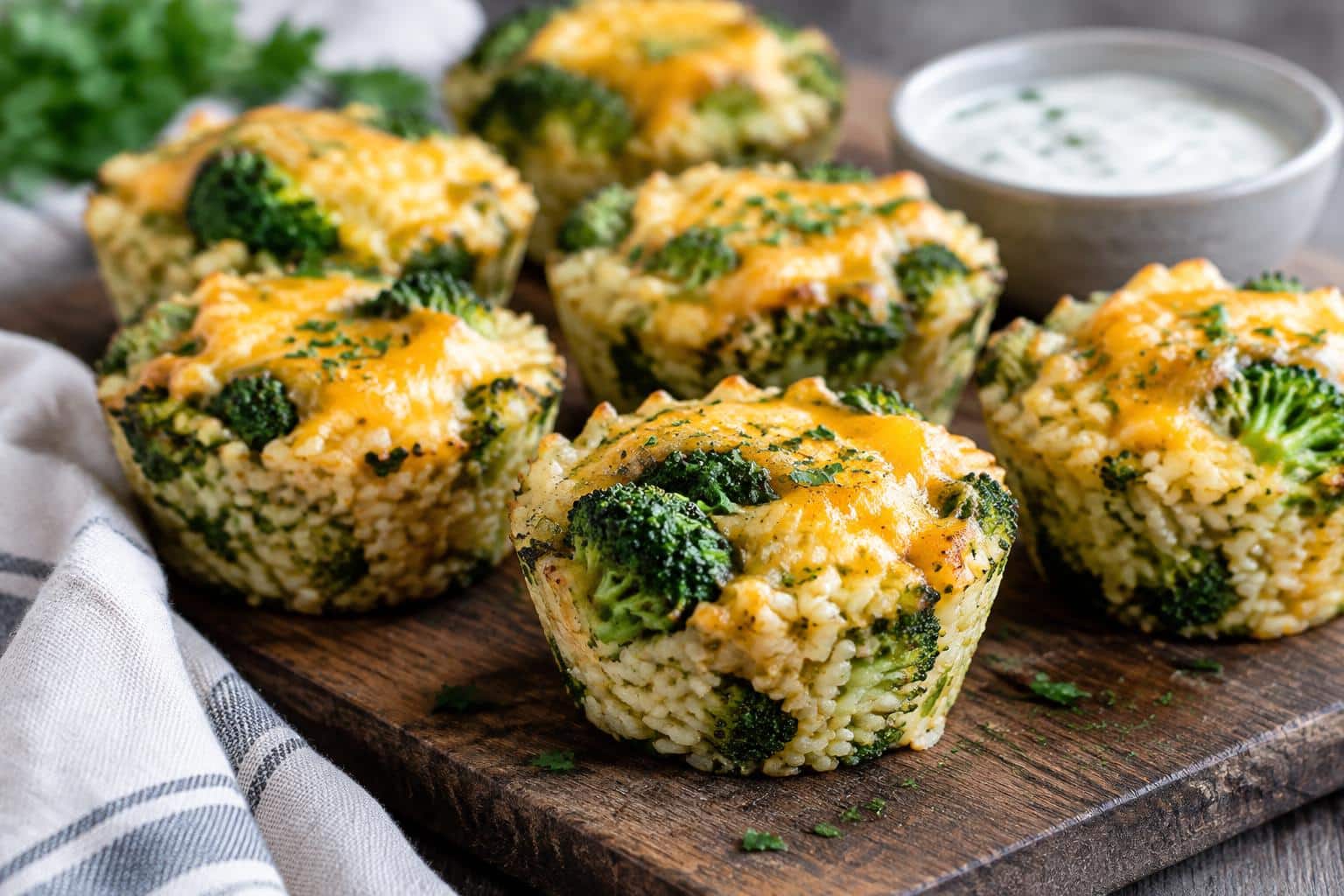 Cheesy broccoli rice cups with melted cheese and fresh herbs in natural light