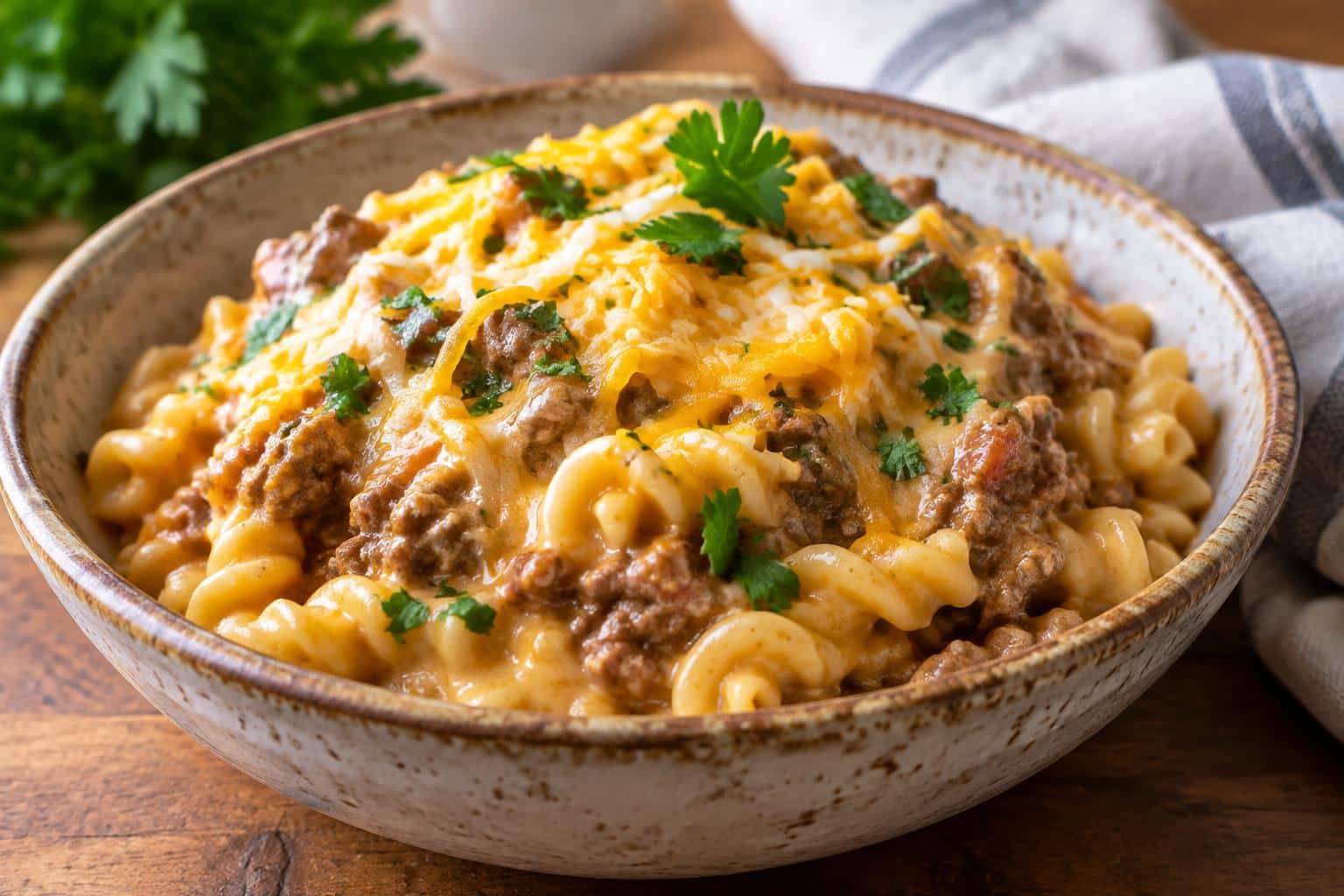 Cheesy crockpot pasta with ground beef garnished with parsley and melted cheese