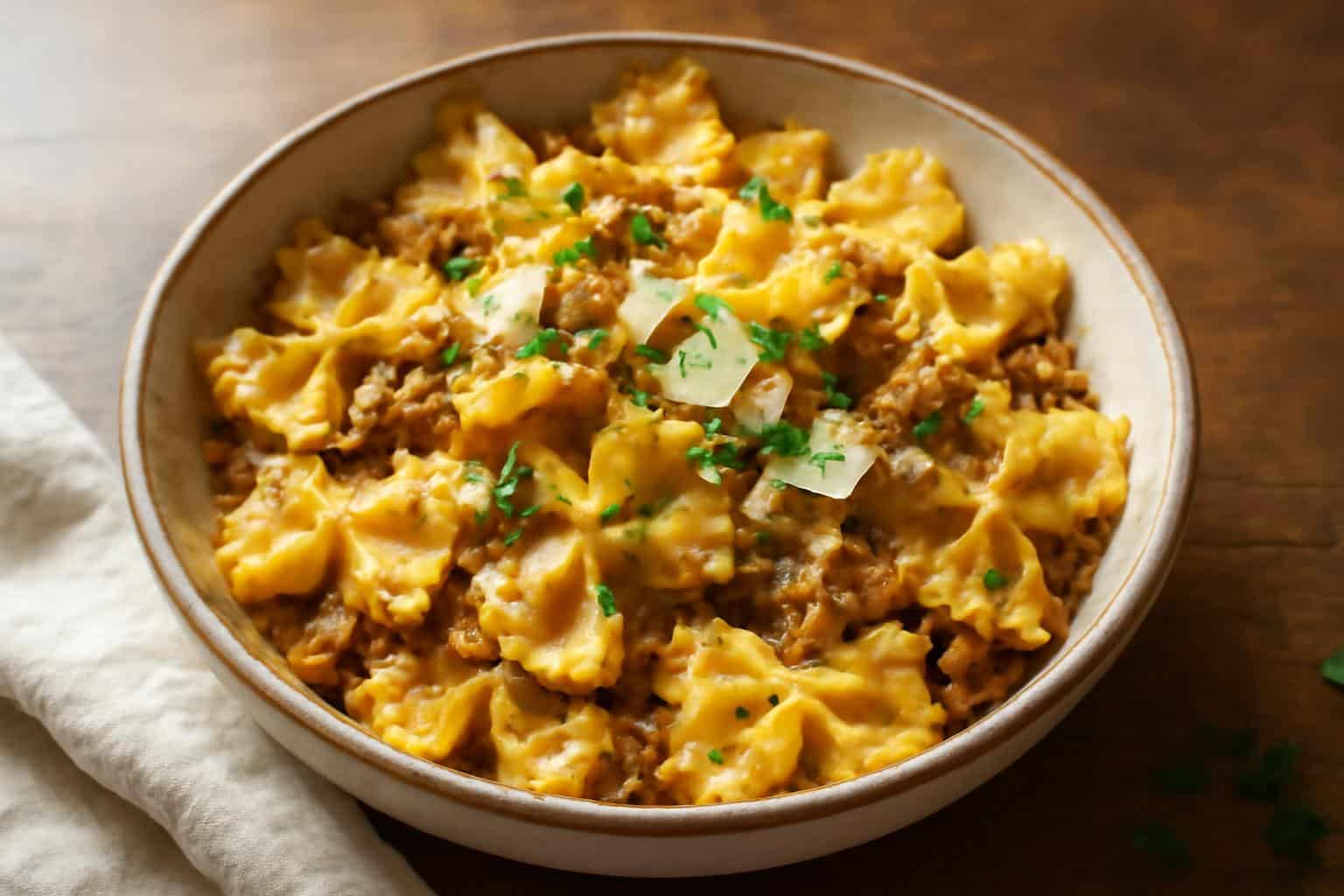 Cheesy garlic butter beef bowtie pasta garnished with parsley and Parmesan cheese