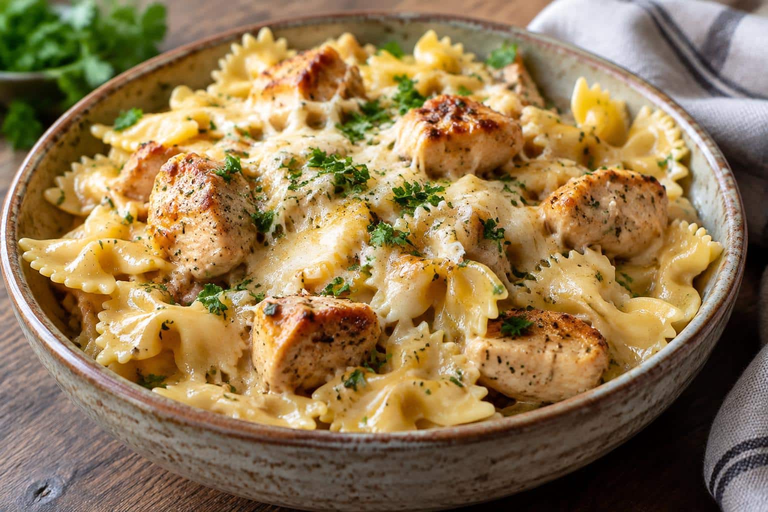 Cheesy garlic chicken bowties pasta with melted cheese and parsley garnish
