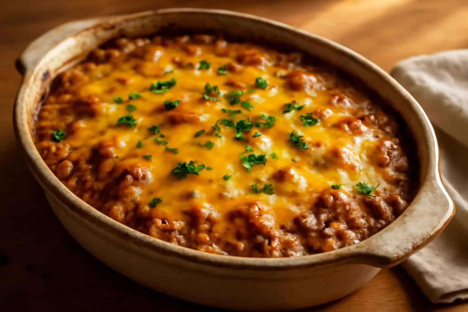 Cheesy hamburger rice casserole with melted golden cheese and parsley garnish