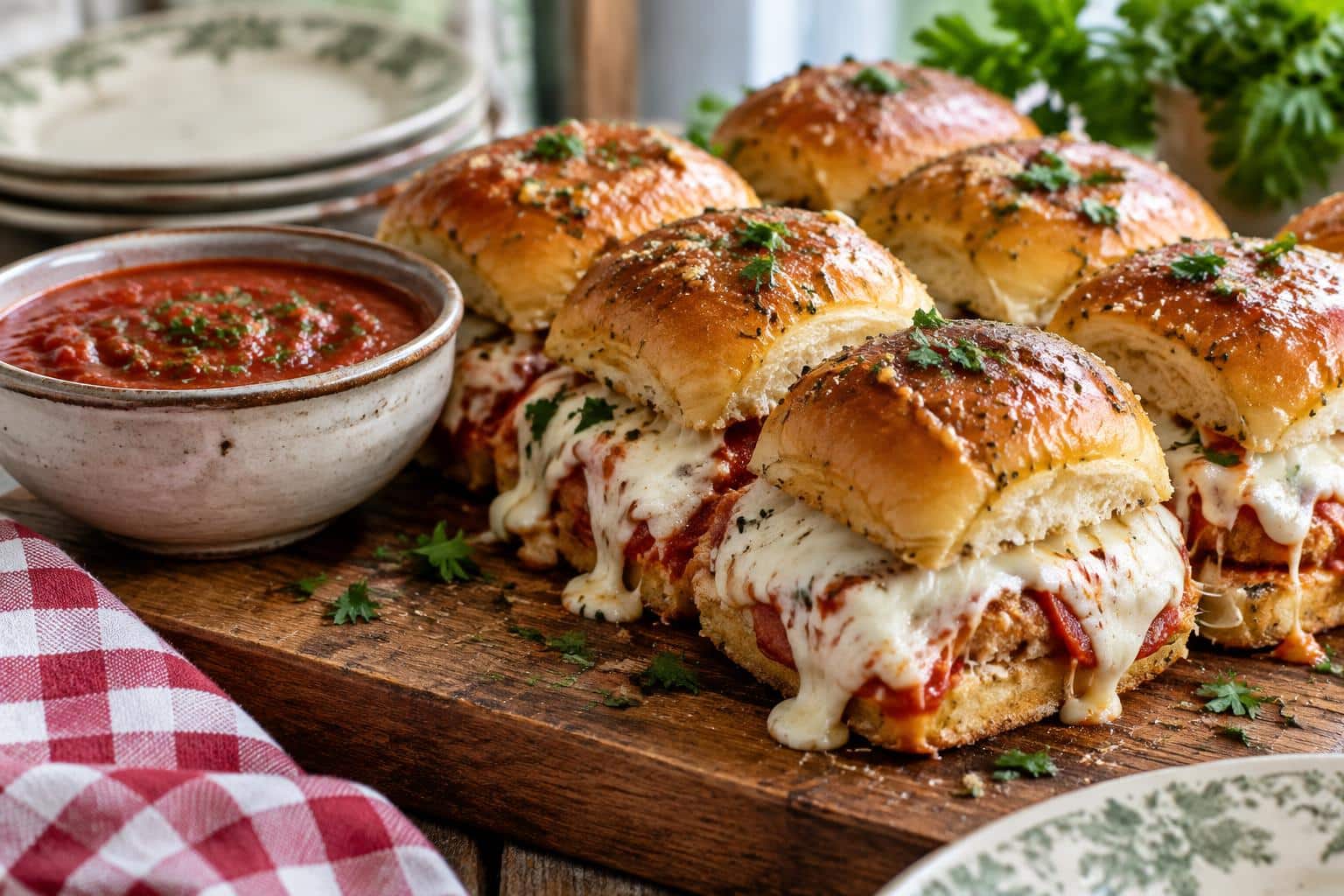 Cheesy Italian sliders fresh out of the oven with melted cheese and parsley garnish
