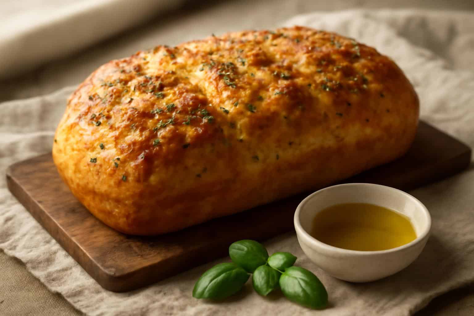 Freshly baked cheesy italian herb bread with golden crust and herbs on rustic board