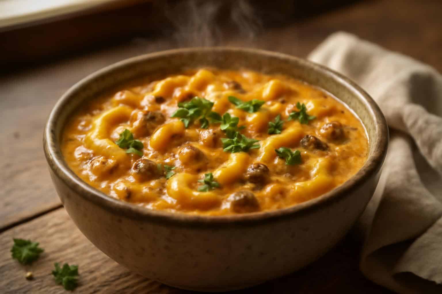 Cheesy one-pot beefy macaroni soup garnished with parsley in a rustic bowl