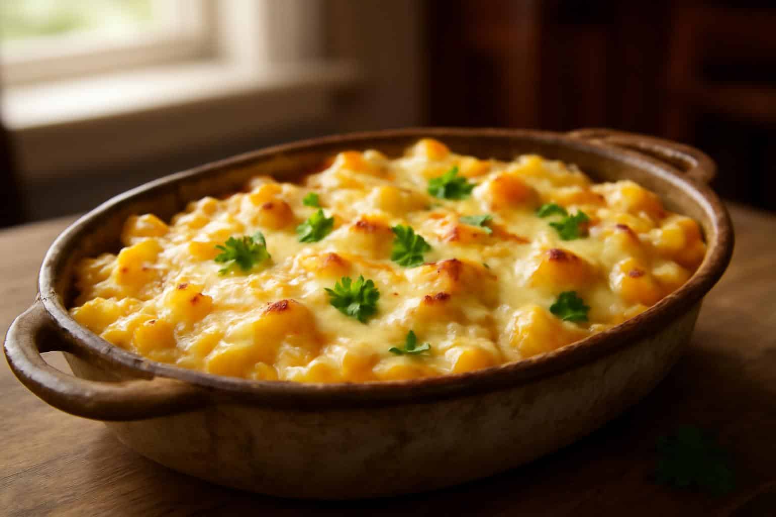 Cheesy pasta bake with white cheddar and mozzarella topped with fresh parsley