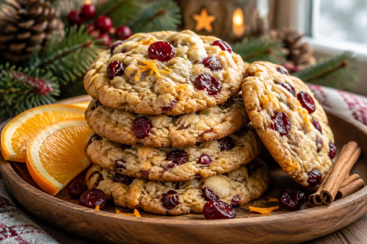 Chewy cranberry orange cookies stacked on a rustic plate with visible dried cranberries and orange zest