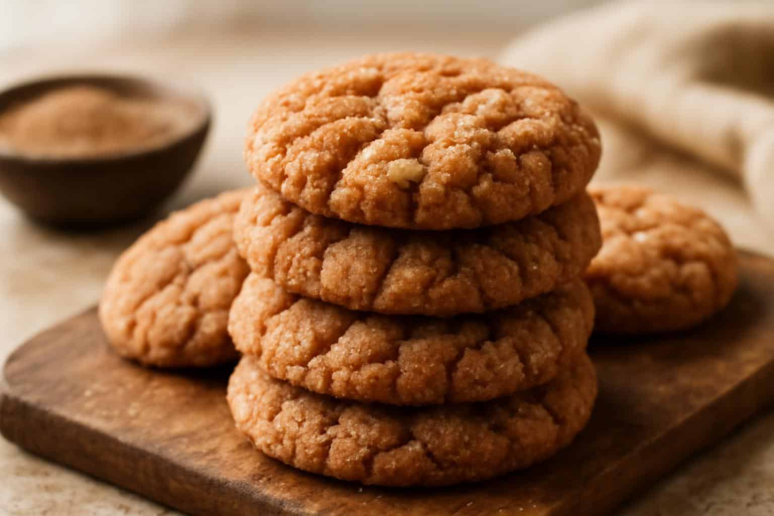 Freshly baked churro crinkle cookies with cinnamon sugar coating on rustic wooden board