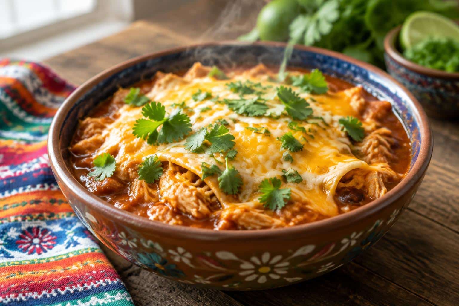Chicken enchilada crock pot meal with melted cheese and fresh cilantro garnish
