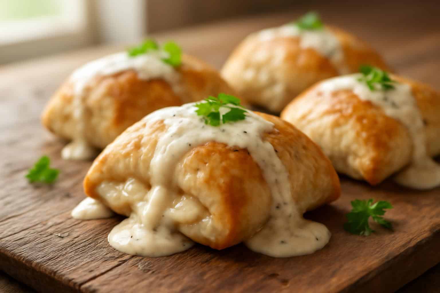Golden chicken pillows with creamy Parmesan sauce garnished with parsley on rustic plate
