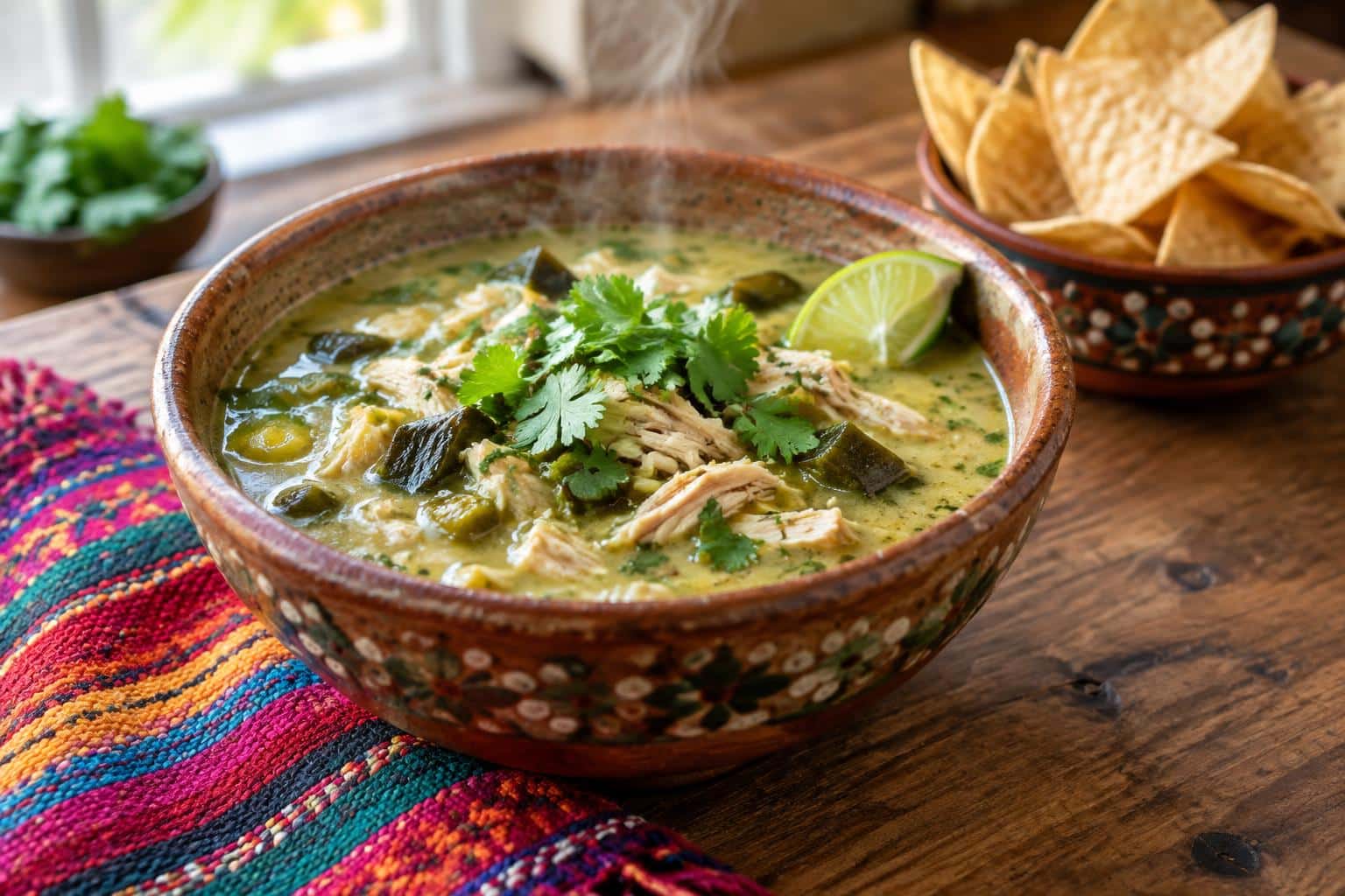 A bowl of chicken poblano soup garnished with cilantro and lime, showcasing the vibrant colors and hearty ingredients