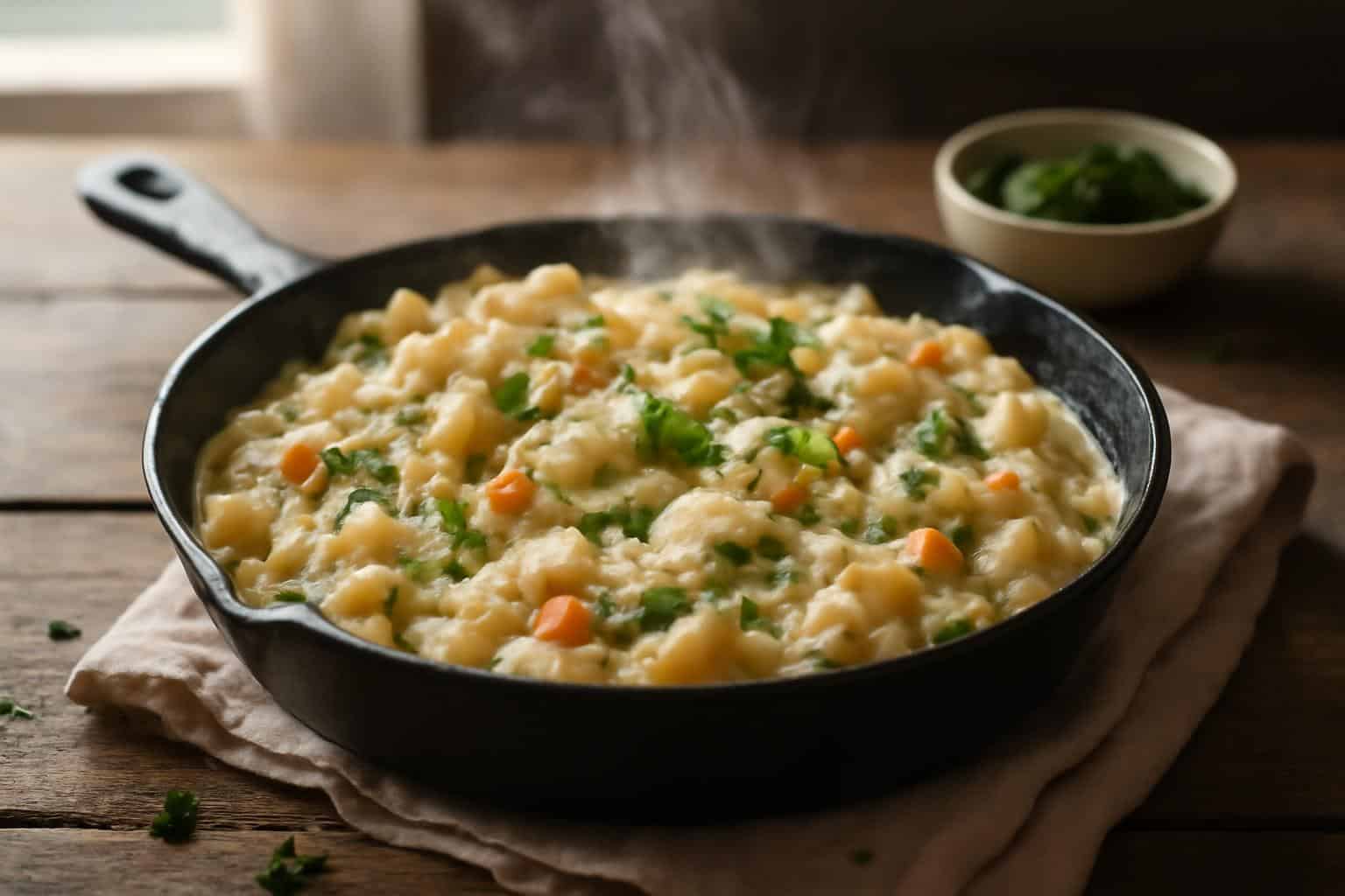 Creamy chicken pot pie noodle skillet served in a cast iron pan garnished with parsley