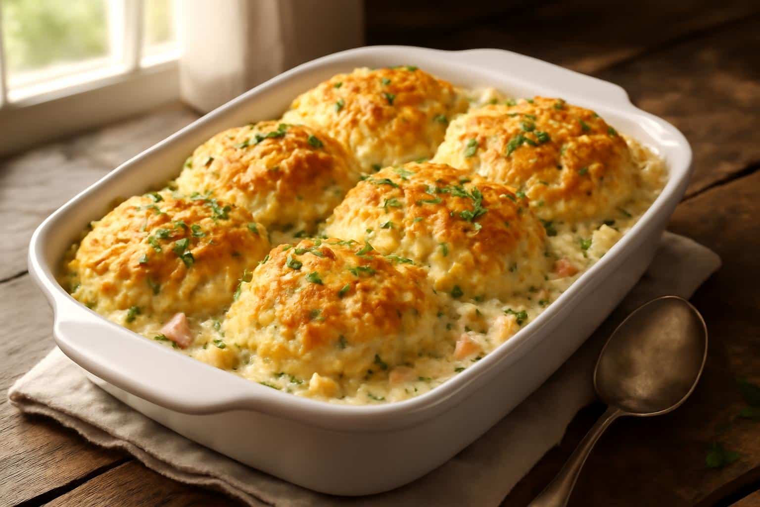 Baked chicken biscuit casserole with golden biscuits and parsley garnish, showcasing chicken biscuit casserole