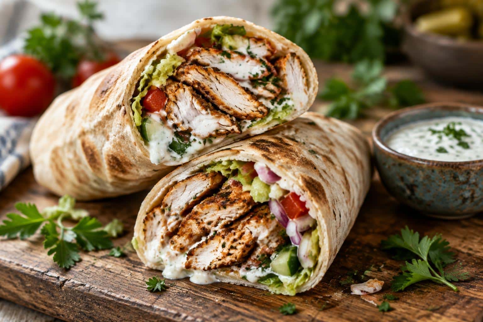 Juicy chicken shawarma with creamy garlic sauce served in pita bread with fresh vegetables