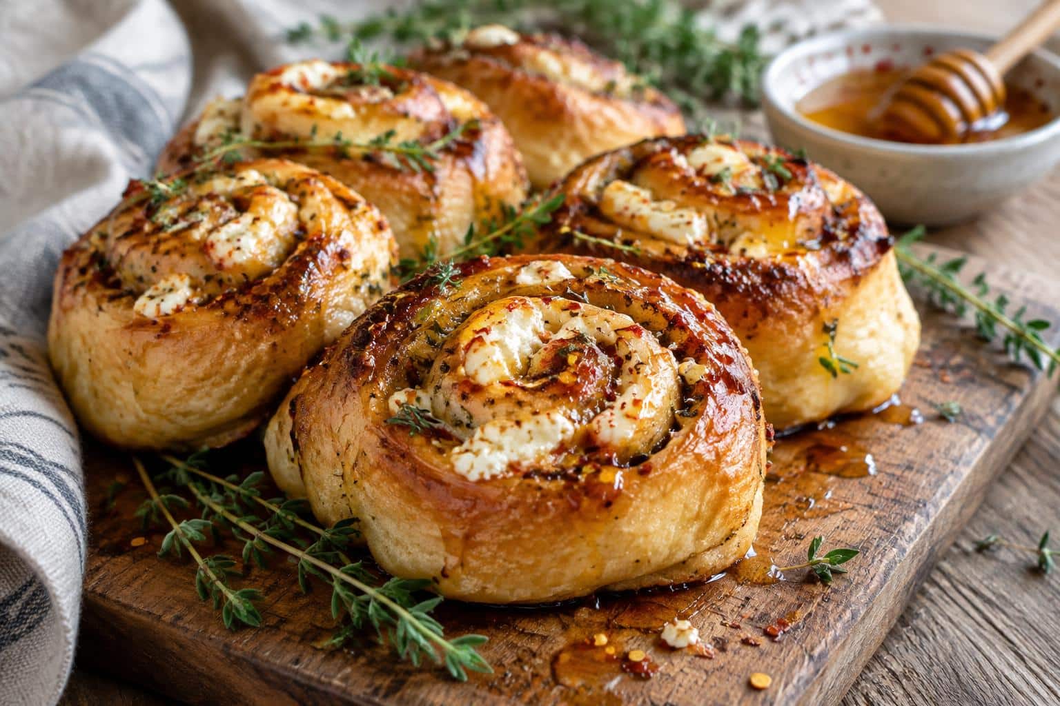 Golden baked chili honey feta rolls with fresh thyme and honey drizzle appetizer