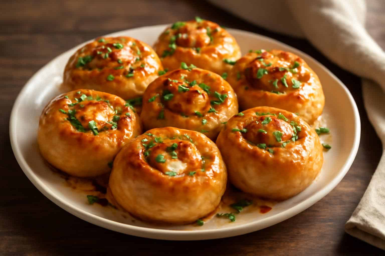 Freshly baked chili honey feta rolls with a sticky glaze and chili flakes on rustic wooden table
