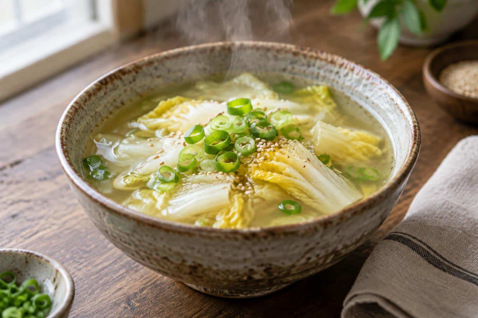 Steaming bowl of Chinese cabbage soup garnished with green onions and sesame seeds