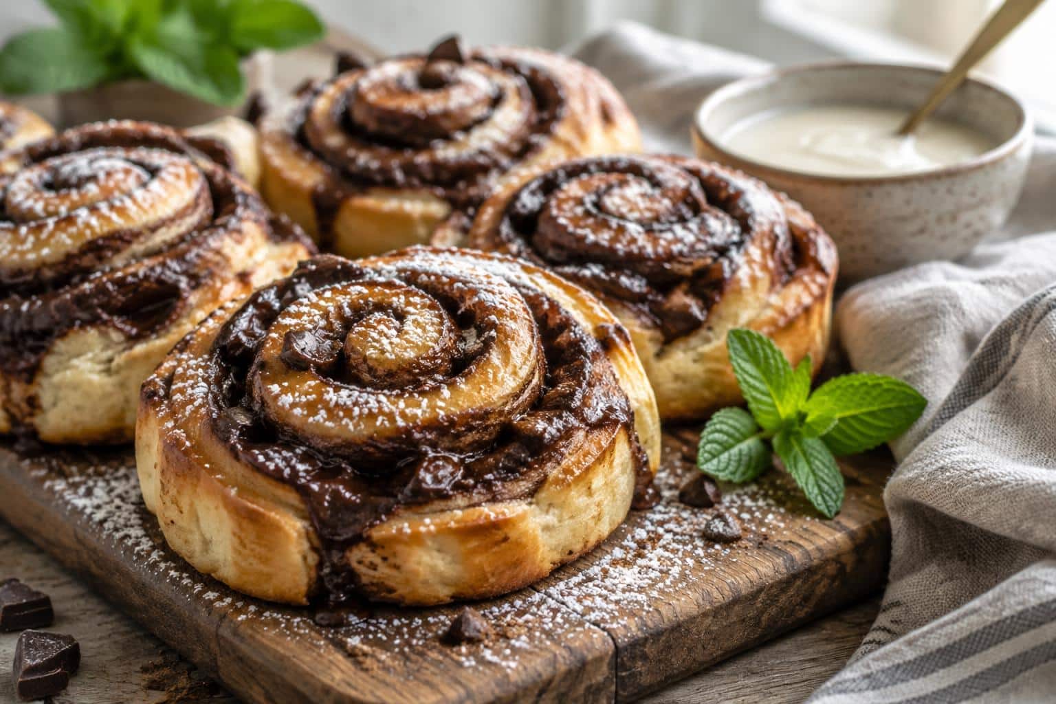 Freshly baked chocolate cinnamon rolls with gooey chocolate filling and cinnamon swirls served for breakfast