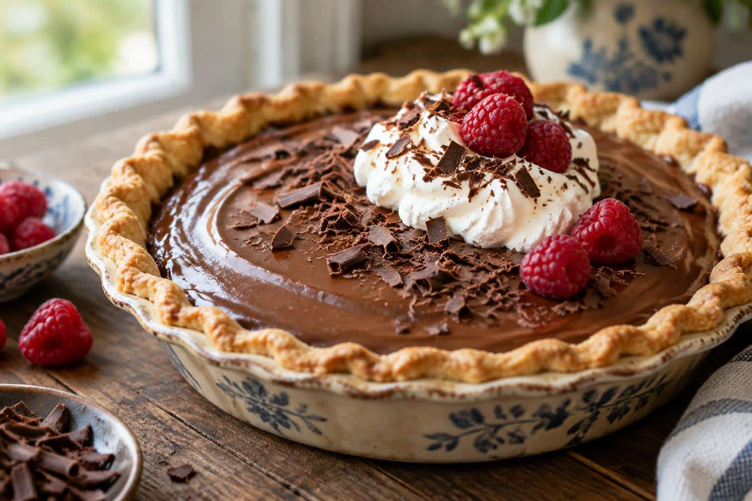 Close-up of a chocolate french silk pie with smooth chocolate filling and whipped cream topping