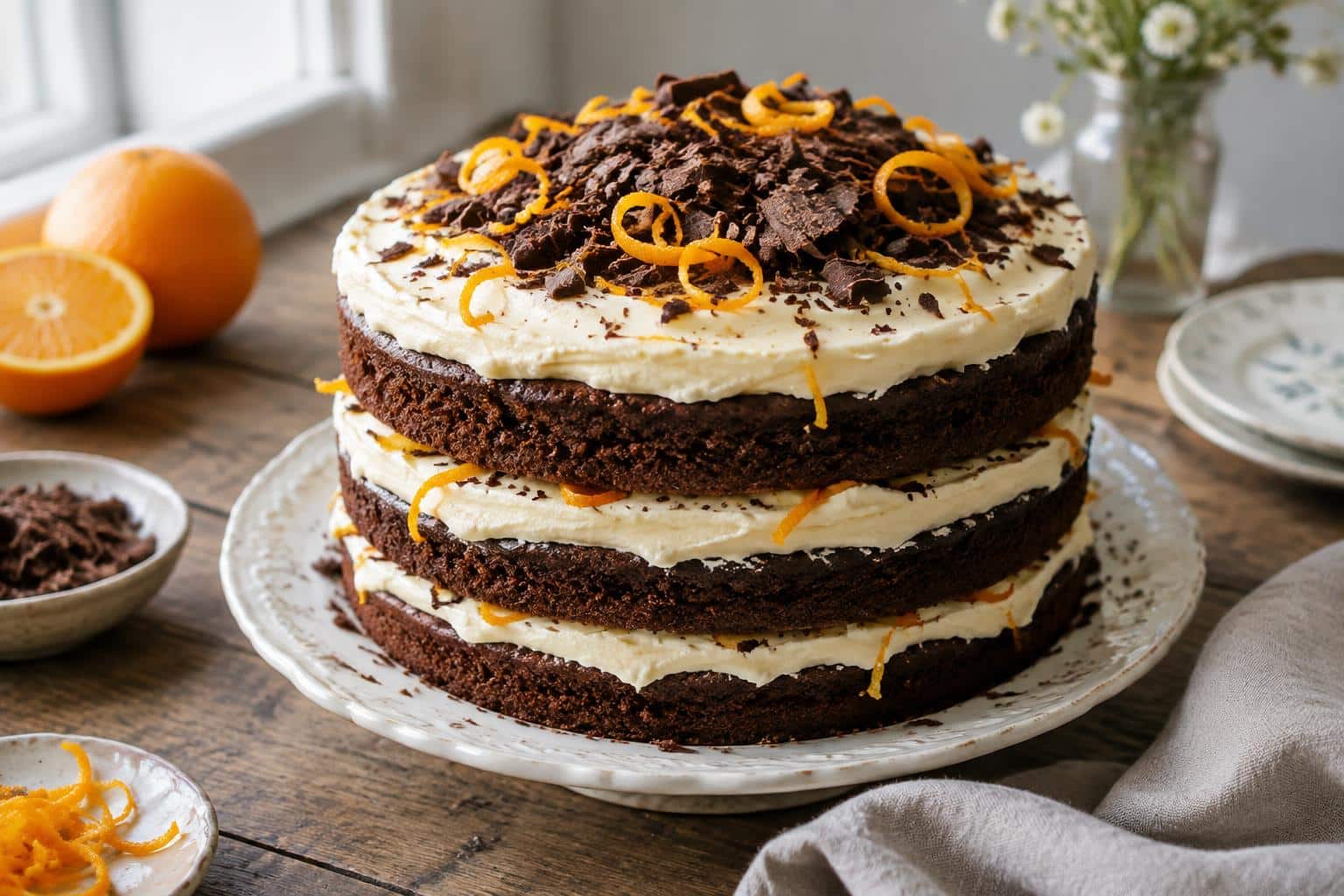 Chocolate orange cake with vanilla frosting garnished with orange zest and chocolate shavings