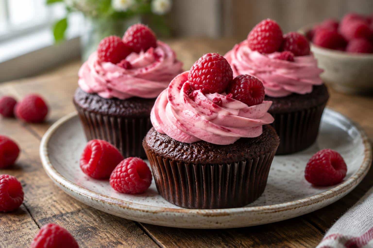Close-up of moist chocolate raspberry cupcakes with pink raspberry frosting and fresh raspberries