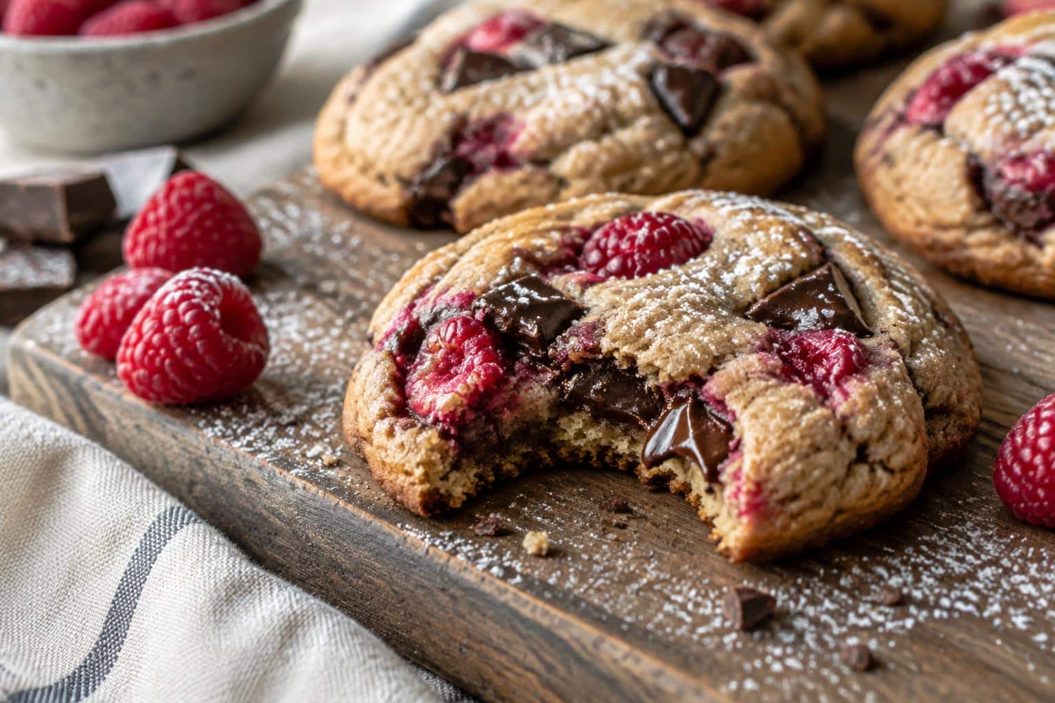 Freshly baked chocolate raspberry cookies with gooey chocolate and bright raspberries