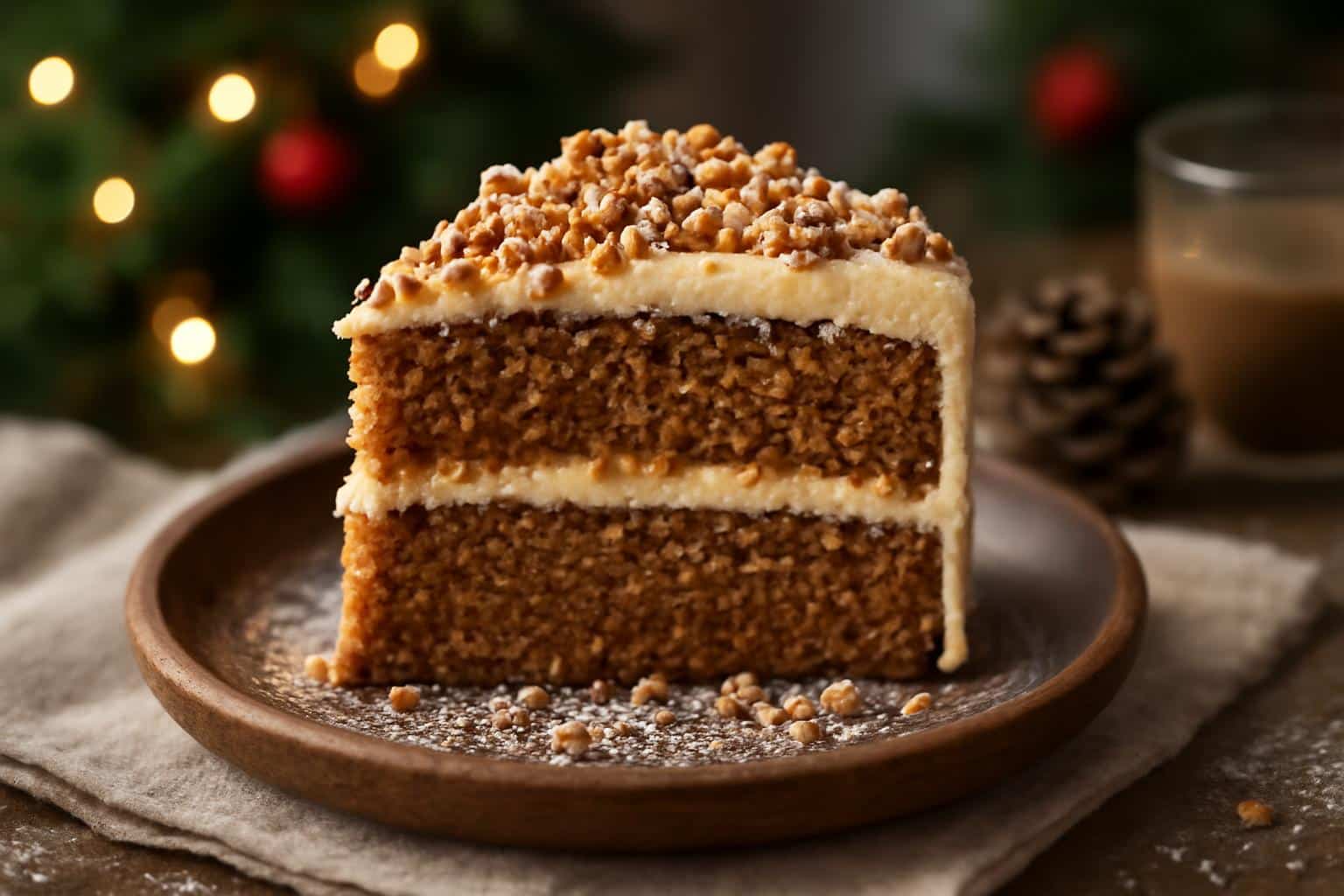 Slice of Christmas toffee crunch cake garnished with toffee bits and powdered sugar
