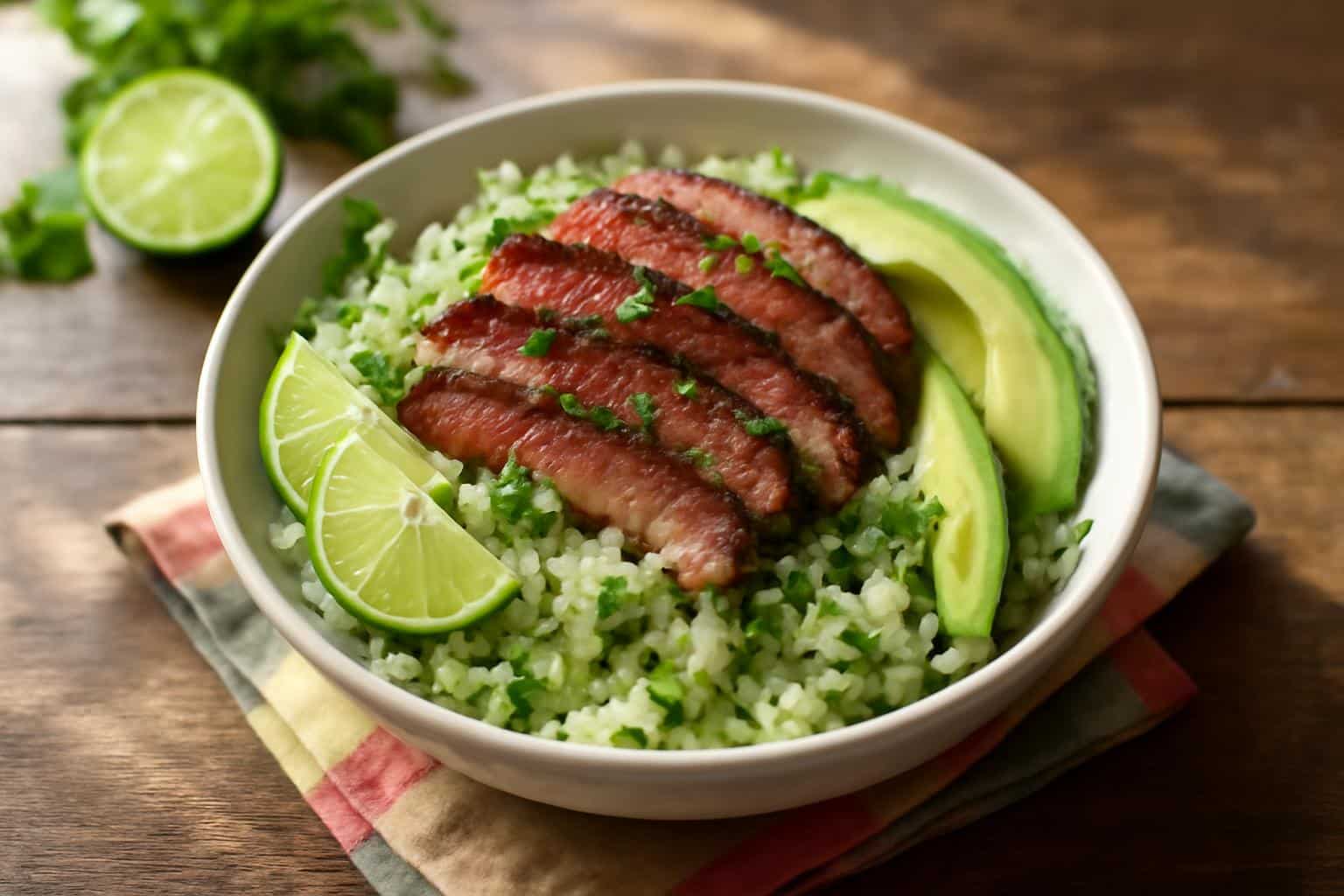 Grilled cilantro lime steak served over fluffy rice with avocado and fresh cilantro garnish