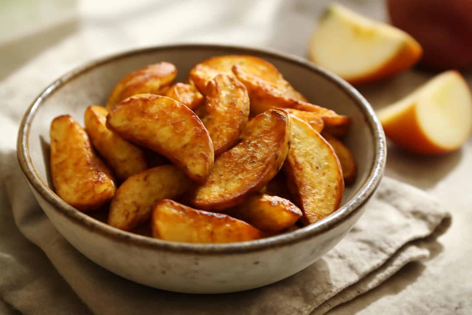 Golden cinnamon air fryer apples in a rustic bowl with cinnamon dusting and fresh apple slices