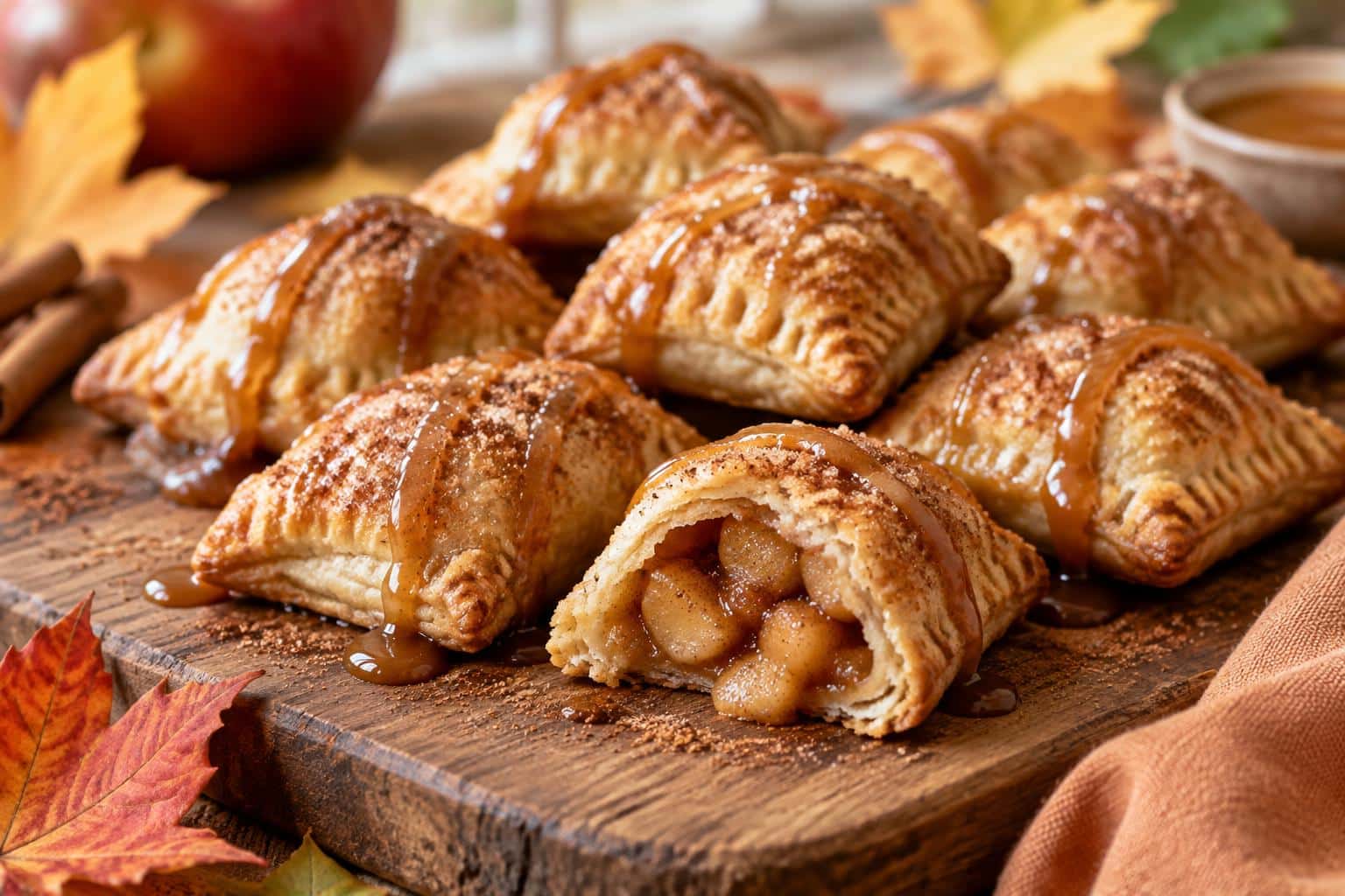 Golden cinnamon caramel apple pie bites with caramel drizzle and cinnamon sprinkle