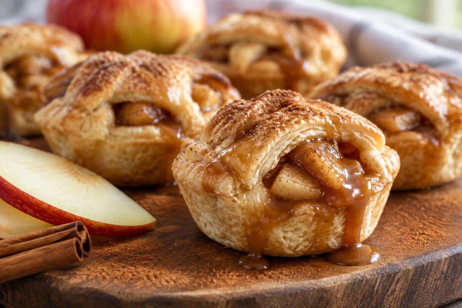 Close-up of cinnamon caramel apple pie bites with gooey caramel and cinnamon apples