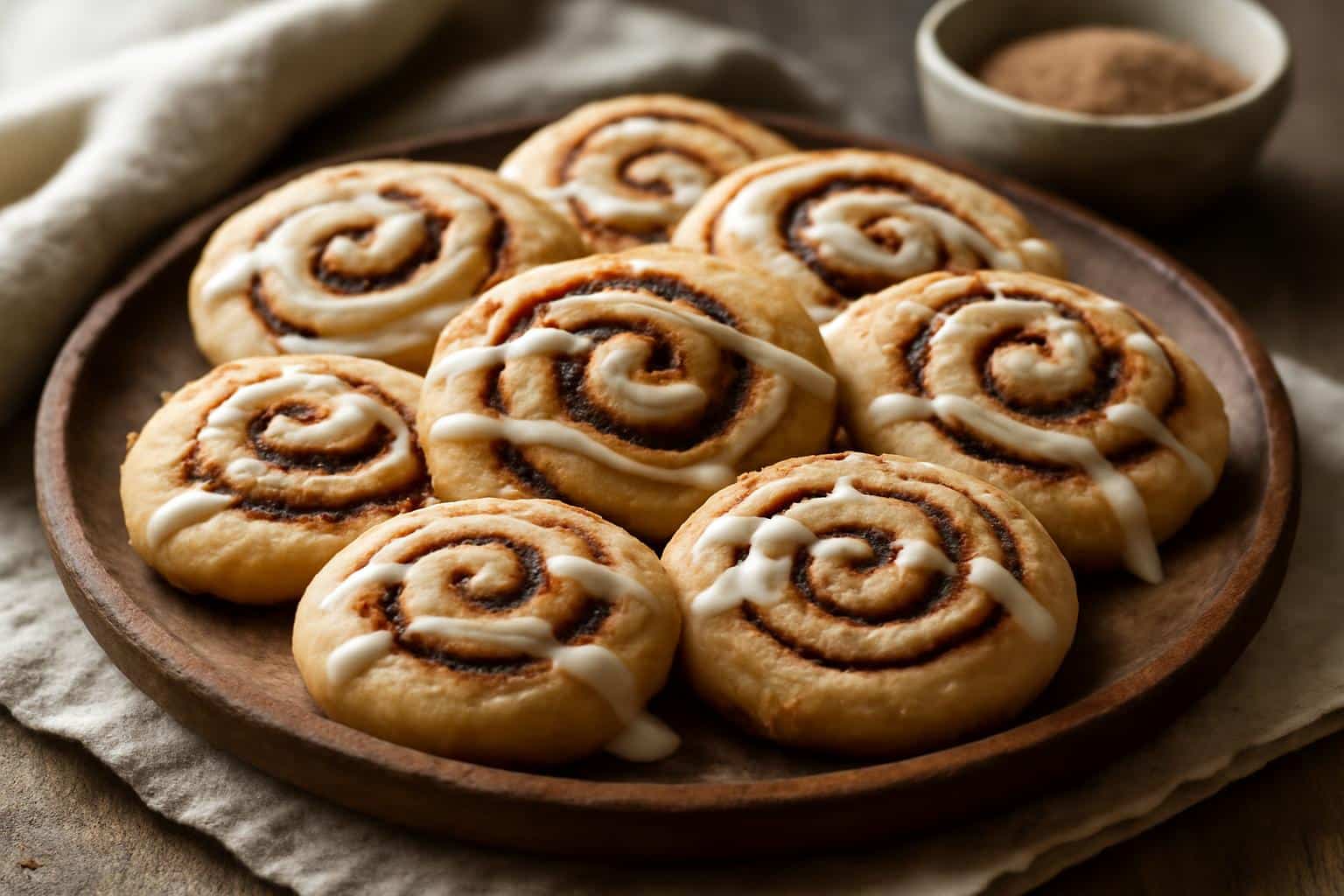 Soft and chewy cinnamon roll cookies with cinnamon sugar swirl and icing on wooden platter