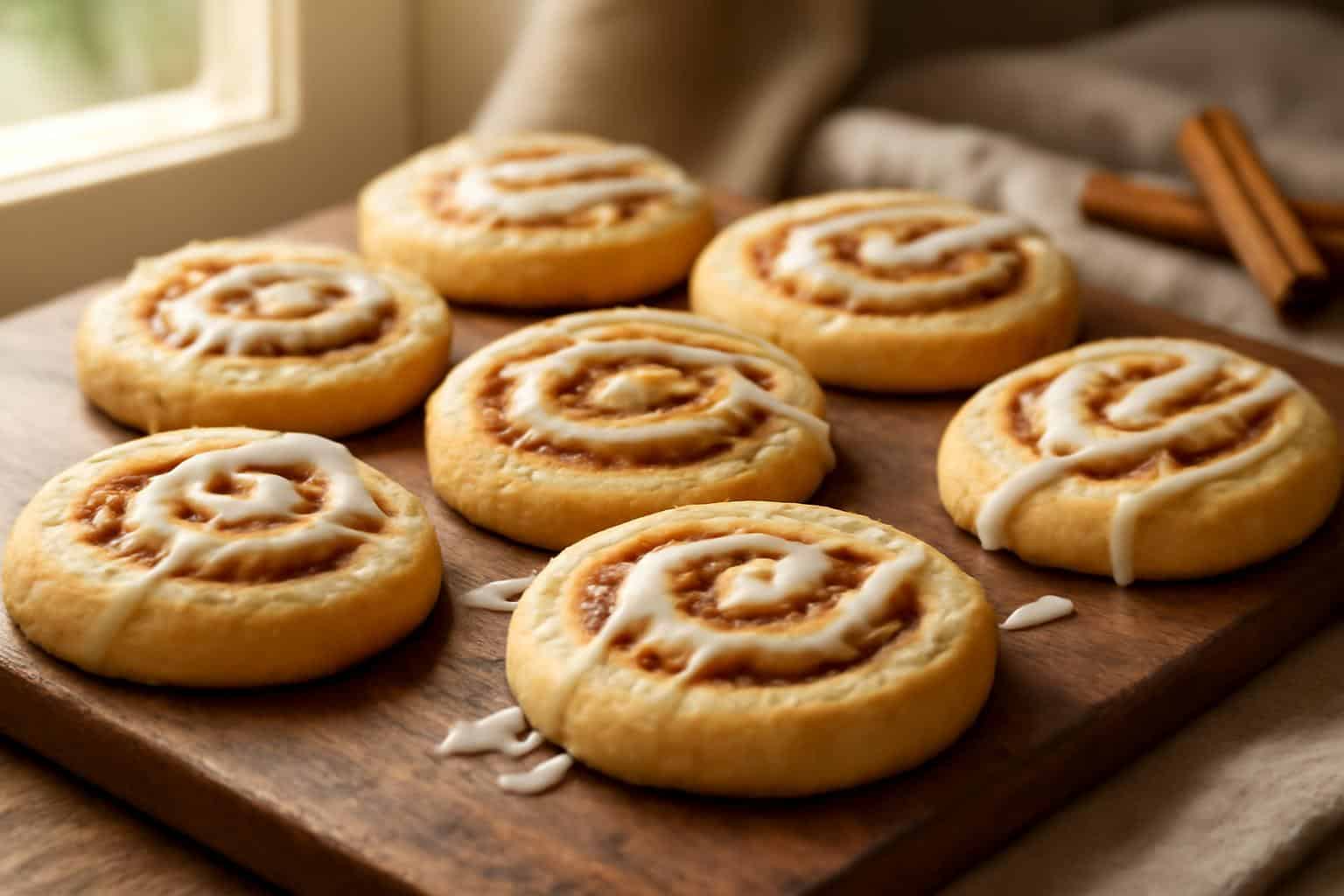 Soft chewy cinnamon roll cookies with sweet cinnamon sugar swirl and creamy icing