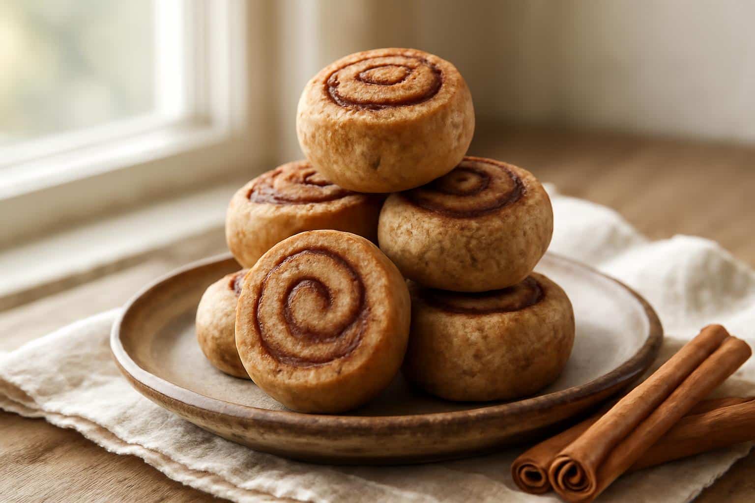 Cinnamon roll protein bites stacked on rustic plate with cinnamon swirl, high protein breakfast bites